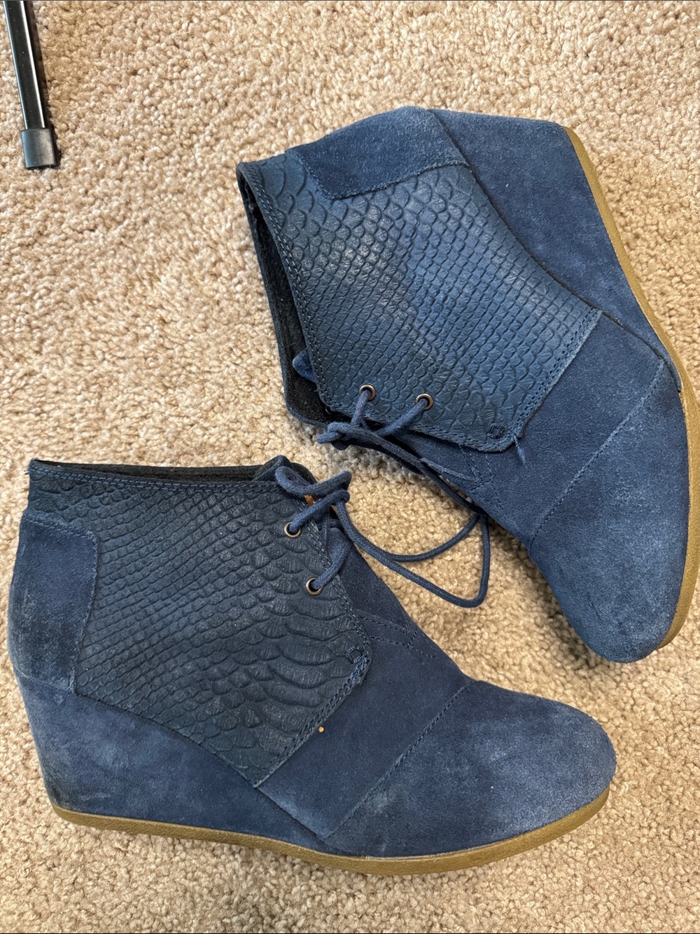 Toms Navy Suede Wedge Ankle Booties with Textured Panels